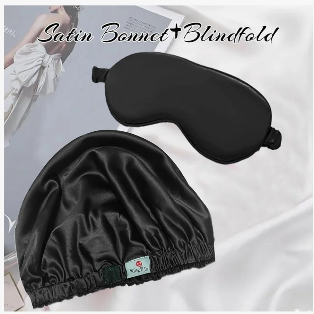 Black Satin Sleep Bonnet and Eye Mask Set